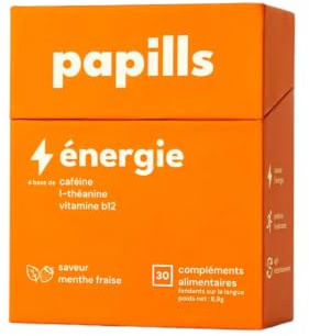 Papills Énergie - Complément Alimentaire qui Fond sur la Langue - Vitamine B12, Caféine et L-Théanine - Vegan, Sans Gélule ni Eau - Saveur Menthe Fraise - 30 Bandes Orales.