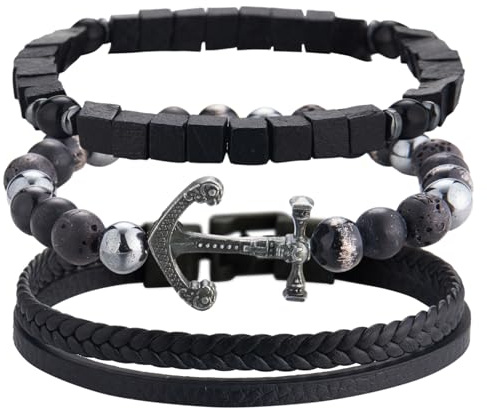 Dazylleco 3pc Mens Beaded Bracelets Silver Stainless Steel Chain Bracelet for Men Handmade Braided Bracelet Sets Jewelry Gifts for Men(89-Black Anchors)