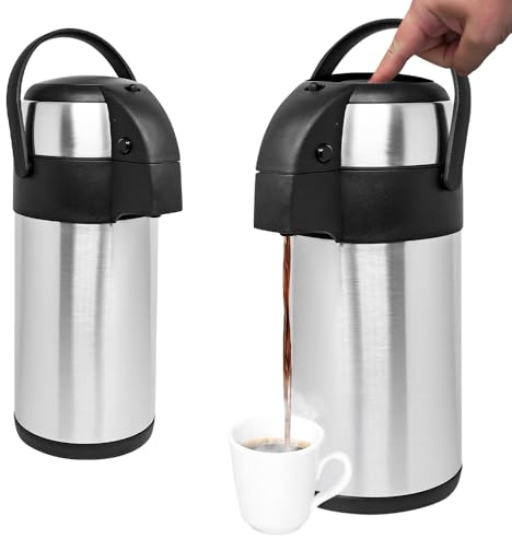 Set of 2 Pump Action 3L Airpot - Stainless Steel Teapot Infuser | Tea & Coffee Carafe Pump Action Air Pot Dispenser | for Hot Drinks, Soup Drinks, 3 Litre Travel Jug with Carry Handle & Safety Lock