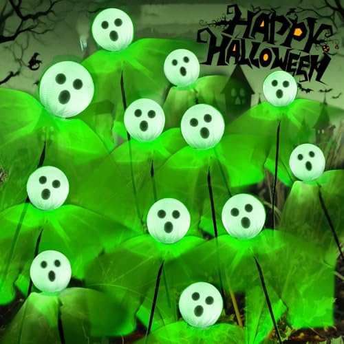 2 Stück Halloween Deko Outdoor Geister Licht Solar, 12 LED Halloween Deko Outdoor Beleuchtung Solarlampen, Solar Wasserdicht Geister Gartenstecker, für Außen Garten Rasen Party