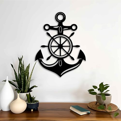 KAWA METALWORKS Anker Metall Wandkunst Dekor mit Schiffsrad nautische Wanddekoration für Wohnzimmer Strandhaus Modern Schwarz Metall Wandbehang Küste Maritim Home Dekoration Matrosen Geschenk
