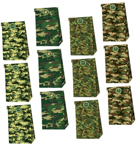 NUOBESTY Sachets en Papier Décoratifs pour Bonbons Motif Camouflage Jungle Lot de 12 set de Paquet Écologiques Légers et Solide 18 Stickers pour Fête Militaire Emballage Confiseries et