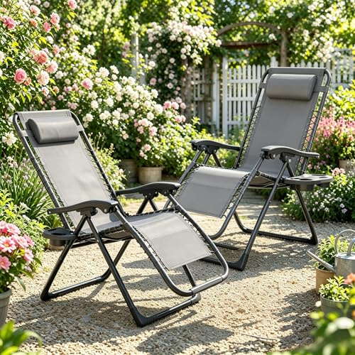 Gotland 2026 Zero Gravity Liegestuhl Garten Chairs, 2er-Set Relaxsessel Garten mit Getränkehalter, verstellbarem Kissen & Seitentablett, Verstellbarer Klapp-Sonnenliege für Außen, Gartenliegestuhl