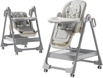 Hochstuhl, Babyhochstuhl Grau | Vielseitig einstellbar und platzsparend zusammenklappbar. Einfach zu reinigen