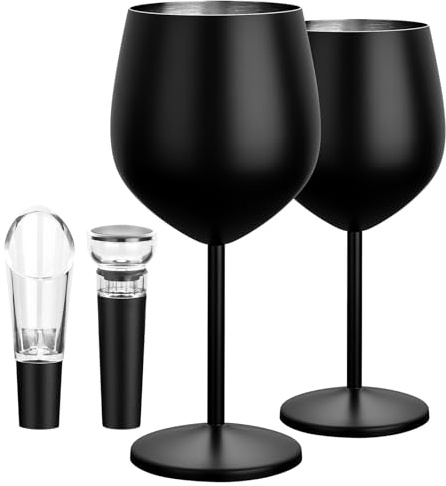 BCMCZCDC Bicchiere da vino in acciaio inox, capacità di metallo con decanter e tappo, set di bicchieri da vino in acciaio inox nero (2 pezzi), portatile, infrangibile, con manico per San Valentino e