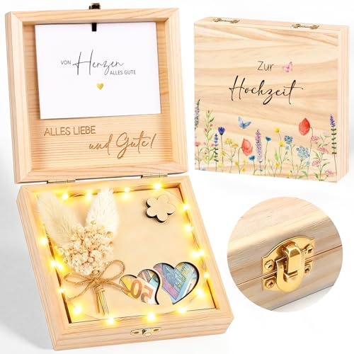 Geldgeschenk Hochzeit Verpackung aus Holz, Hochzeitsgeschenk Geschenkbox | Hochzeitsgeschenke für Brautpaar, Geschenkbox Liebe mit LED Lichterkette Verlobungsgeschenk Geschenk Hochzeit