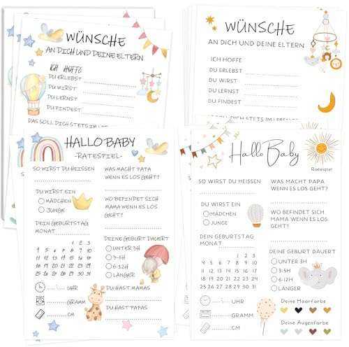 VyxStelyndric Babyparty Spiele Karten Gender Reveal - 20PCS Babyparty Karten zum Ausfüllen für Gender Reveal Baby shower party Spiele für Junge und Mädchen Beidseitig Bedruckt Deutsch