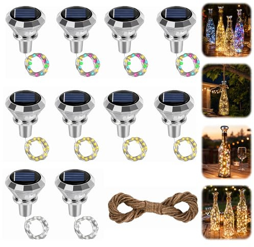 Pack of 10 Solar Bottle Lights, 20 LEDs, 2 m Bottle Fairy Lights, Cork, Solar LED Bottle Lights, LED Cork Bottle Lights, Wine Bottle Light Chain for Bottle DIY, Party, Garden, Wedding Decoration