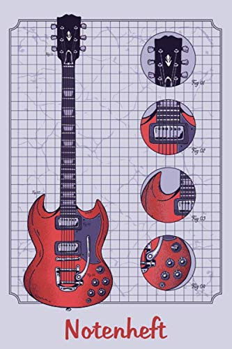 NOTENHEFT: Din A5 für Anfänger und Fortgeschrittene / Blanko NotenBlock / Leere Notenzeilen / Notensystem / für die Schule / Komponist / Design : E Gitarre Details