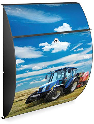 banjado Design Briefkasten - Modell Riviera 46x33,5x13cm groß - verzinkter Stahl anthrazit - Postkasten Öffnungsstopp großer A4 Einwurf Zylinderschloss 2 Schlüssel - Motiv Traktor