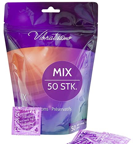 VIBRATISSIMO Kondome Mix 50er Pack gemischt I gefühlsecht & extra feucht I für Men I Beutel dünne Wandstärke & Aromatisiert I hauchzart genoppt & gerippt