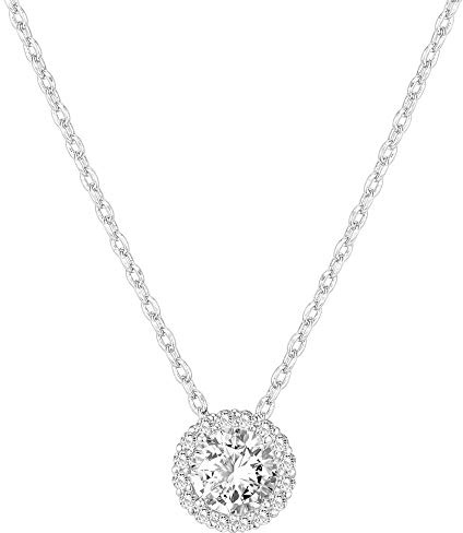 PAVOI 14K Gold Plated Post Cubic Zirconia Round Solitaire Pendant Halo Necklace in White Gold