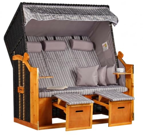 MR.DEKO Strandkorb XXL Ostsee Volllieger Strandkörbe 3-Sitzer 160x80x160cm | wetterfest Grau Royal