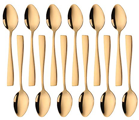 SUNSENGEUR Tea Spoons 12-Piece Autograph Dinnerware Set Stainless Steel Set Use for Home, Kitchen, Restaurant- 5.3 Inches-Gold