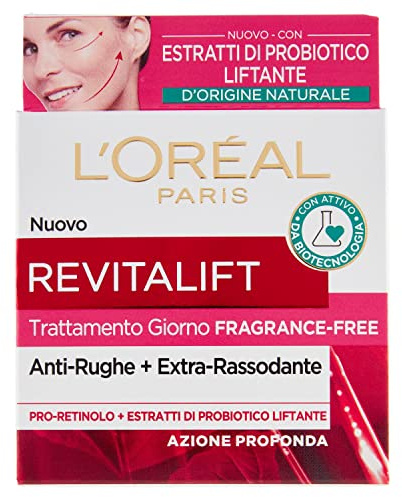 L'Oréal Paris Crema Viso Giorno Fragrance-Free Revitalift, Formula Clean Senza Profumo, Azione Antirughe Anti-Età con Probiotico Liftante, 50 ml