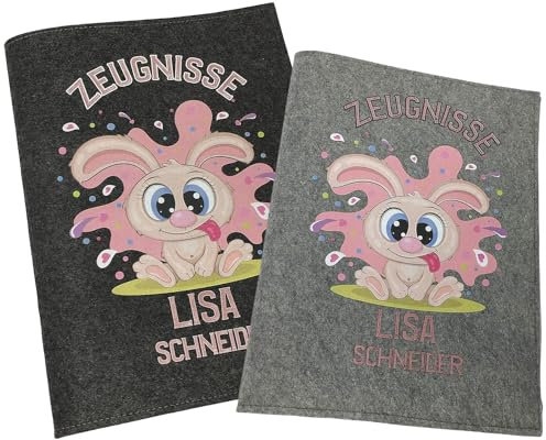Zeugnismappe mit Namen - Mädchen und Jungen - Personalisiert Filz A4 Lustiger Hase - Dokumenten Urkunden Mappe Kinder - Hefter Zeugnisse - Sichtbuch