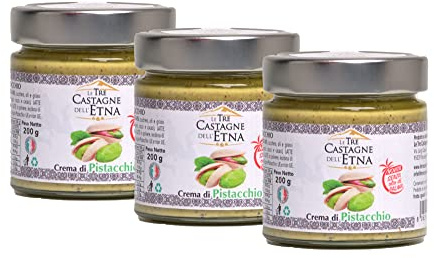 Crema al Pistacchio Spalmabile Artigianale - 100% MADE IN ITALY 3 Vasetti da 200g - Creme Spalmabili per Dolci, Panini, Colazioni, Prodotti da Pasticceria - LE TRE CASTAGNE DELL'ETNA