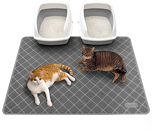 Conlun matta kattsandsmatta 119 x 89 cm kattlådematta, rutnät strökontroll design kattlådeunderlägg, vattentätt urinbeständigt material, lätt att rengöra (grå)