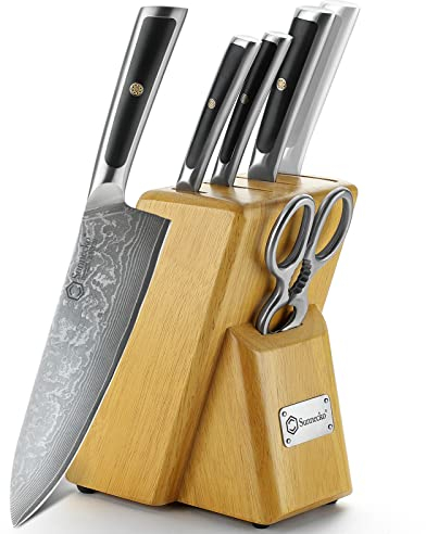 Sunnecko 6tlg Damastmesser Messerblock mit Messer - Messer Set mit Block Damaststahl Klinge Ergonomischer Griff, Messerset mit Küchenschere Messerhalter