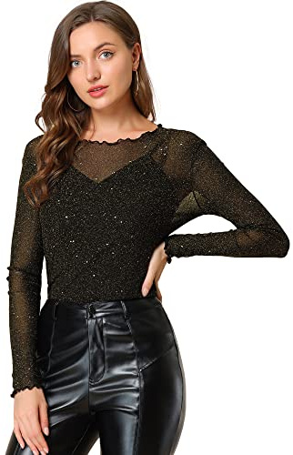 Allegra K Damen Glitzer Oberteil Party Langarm Rüschen Durchsichtig Mesh Shirt Bluse Schwarzes Gold L