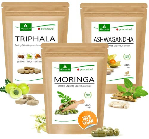 Confezione di prodotti per il benessere MoriVeda® | Compresse di Triphala, Capsule di Moringa, Capsule di Ashwagandha | Vitamine, Minerali, Antiossidanti, Withanolidi, Sostanze fitochimiche | Vegan