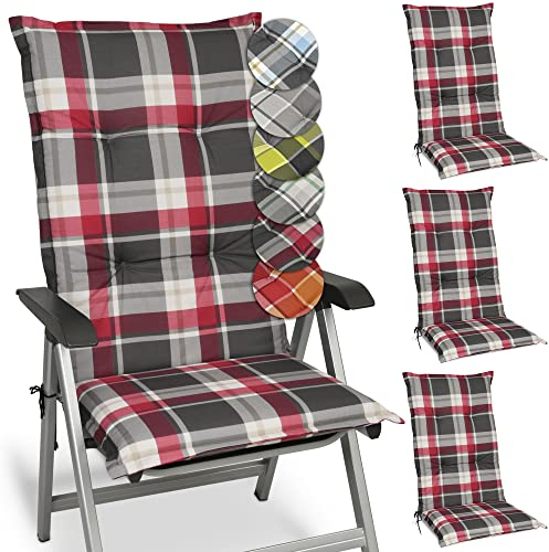 Beautissu 4er Set Hochlehner Auflagen Set Gartenstühle 120x50 cm Polster Rot Kariert – 6cm Dicke Polsterauflage Bequem, rutschfest & UV-Lichtecht 5 – Stuhlkissen Sitzauflage – Sunny RK