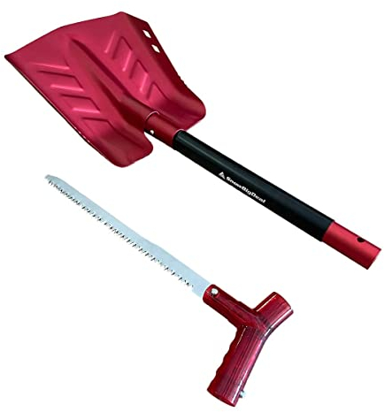 SnowBigDeal Emergency Snow Shovel with Saw - Converts from Dig to Chop/Hoe Mode Portable for Snowmobiles, Skiing, Backcountry, Avalanche Rescue Winter Survival Gear Car, Camping T6 Aluminum, Red