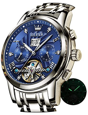 OLEVS Automatikuhr für Herren, Skelett, 5 Zeiger, mechanisch, klassisch, Mehrfachkalender, Edelstahl, wasserdicht, Armbanduhr für Herren