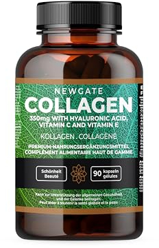 Newgate Labs Kollagen 350 mg mit Hyaluronsäure, Vitamin C und Vitamin E – Fortschrittliche Nahrungsergänzung – 90 hochwirksame Kapseln – Gesundheit und Wellness – GMO-frei – Halal