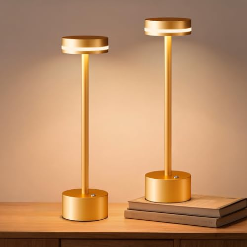 2 Stück Wiederaufladbare Kabellose Akku Tischlampe mit Touch-Schalter, Vollaluminium-Lampenkörper, 3-Stufige Dimmung, 4000mAh Akku, 3000K Warmes Licht, für Esstisch, Wohnzimmer (Gold)