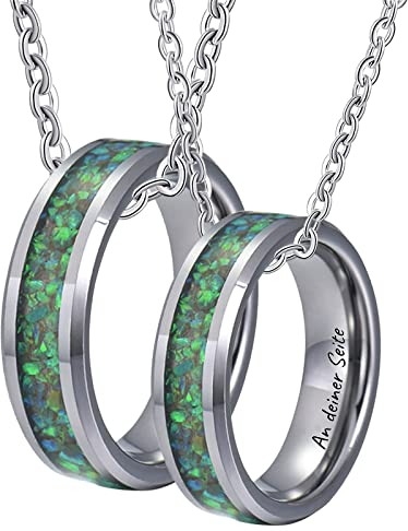 Epinki Wolfram Halskette Paar Ring mit Gravur EIN Leben lang an deiner Seite, Ringe Anhänger Grün Muschel Ketten Paare 2 Stück, Silber für Frauen & Männer, Breite 8MM