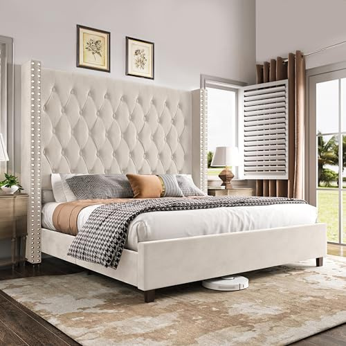 PaPaJet Queen Size Bed Frame with 61.4 Tall Wingback Design Headboard, Velvet Upholstered Platform, Handmade Deep Button Tufting, Solid Wood Legs, No Box Spring Needed, Cream