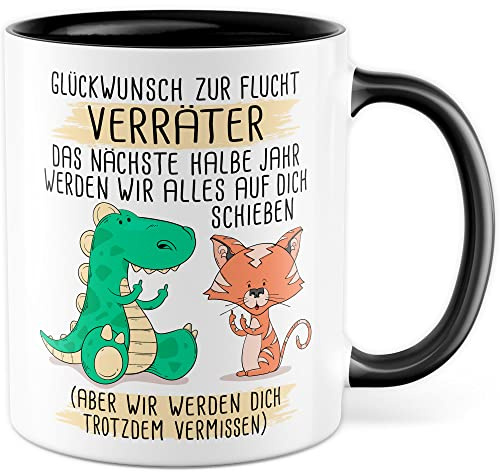 Abschied Tasse Abschiedsgeschenk Kaffeetasse Glückwunsch zur Flucht Spruch lustiger Kaffee-Becher Jobwechsel Kollege Kollegin Kündigung Ruhestand Geschenkidee Rente Geschenk Büro Arbeit (Weiß/Schwarz)