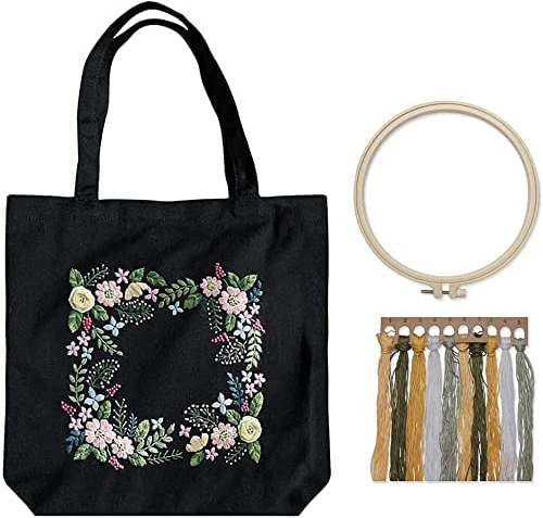 Canvas Tasche Stickerei Set, Kreuzstich Kit mit Blumenmuster, Kunsthandwerk Starterset mit Stickerei Tasche, Stickrahmen, Farbfäden und Anleitungen für Erwachsene Anfänger