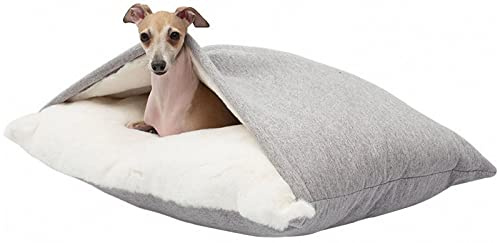 Lit orthopédique apaisant pour chien/chat avec couverture à capuche, lavable, sac de couchage amovible, pour animaux de compagnie de petite, moyenne taille, lit et canapé (gris, 50 x 40 x 18 cm)