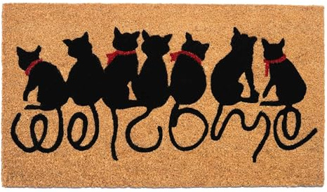 Eco Living Door Mat, Coco Coir Welcome Mat with Non-Slip PVC Backing, Indoor Outdoor Doormat for Home & Office, Doormat. Decorative Entrance with Beautiful Cat Print, Beige & Black, 30”x17