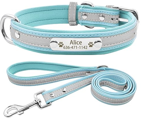 Senristar Personalisierte Neopren Gepolstert Reflektierende Hundehalsband und Leine Set, Benutzerdefinierte Gravierte Hundehalsband mit Namensschild für Kleine Mittlere Große Hunde