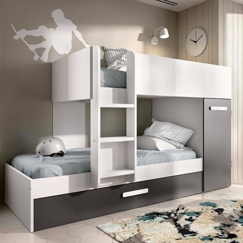 Dmora - Letto per bambini Eiger, Cameretta completa con armadio e cassetto, Composizione letto a castello con due lettini singoli, 244x112h150 cm, Bianco e Antracite