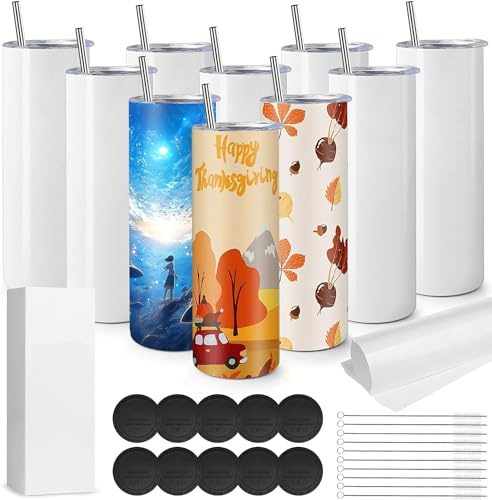 MSYU Sublimationsbecher, 590 ml, Edelstahl, doppelwandig, dünn, gerade, blanko, Sublimationsbecher, Becher mit Sublimationspapier, Strohhalm und individueller Box, 10 Stück