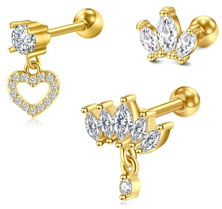 FECTAS 16G Knorpel Tragus Ohrstecker für Frauen Männer CZ Herz Helix Muschel Ohr Piercing Schmuck Gold 3pcs