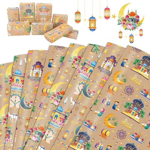 HOWAF 8 Eid Mubarak Geschenkpapier Mit Mond Und Stern, Geschenkpapier für Ramadan, Geschenke, Eid-Dekorationen, Kraftpapier