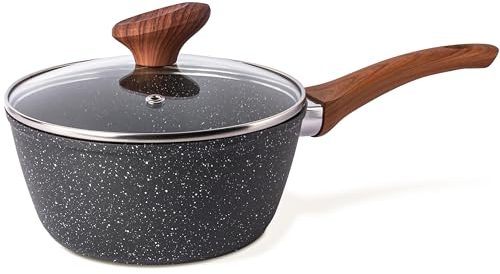 Pentola Antiaderente con Coperchio – Piccola Pentola per Induzione – Padella Sauté in Marmo – 16 cm – Fornelli Elettrici, Gas, Induzione – Pentola per Zuppe con Beccuccio – Nuovva