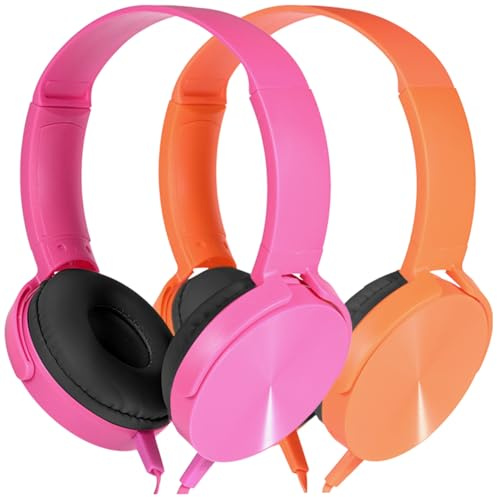 Wensdo Kids Headphones 2 Pack for School Classroom K-12, Durable Wired Student Computer Online Learning Headset for Laptop Library Airplane and Travel (Pink+Orange)