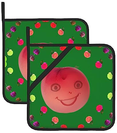 BROLEO Lot de 2 maniques isolantes carrées avec motif de pêches rouges souriantes 20,3 x 20,3 cm : épais et durable, anti-brûlure et facile à nettoyer