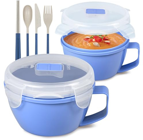 MATICAN Microwave Bowl with Lid, 2-Pack Microwave Soup Bowl with Lid, Noodle Bowl for Ramen, Soup, Beverages, 31.11 Ounces, Blue Lilac, Tableware Included