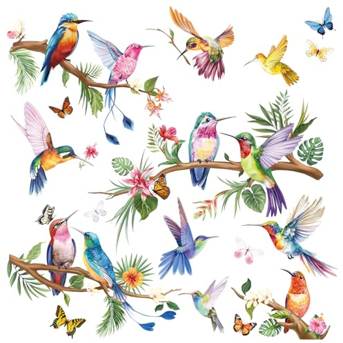 wondever Spring Birds Tree Branch Window Clings Tropical Leaves Flowers Hummingbirds Glass Sticker Decal Anti Collision Double-Side Static Window Decals for Home Glass Window