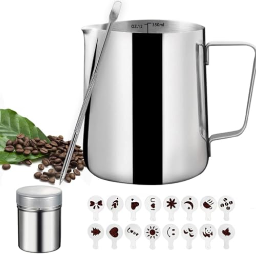 350ml/12oz Milchkännchen Edelstahl 304 - Kaffee Zubehör Kakaostreuer für Cappuccino - Puderzuckerstreuer mit 16 Schablone und 1 Stahlnadel, Silber