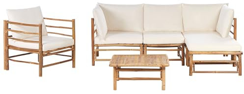 Hörnsoffgrupp Trädgård i 6 delar 4-sits med Soffbord Fåtölj Bambu Naturliga Kuddar Off-White Cerreto