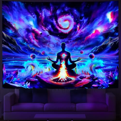 Amhokhui Blacklight Chakra Tapestry Yoga Meditation Tapestry UV Reactive Buddha Tapestries Trippy Spiritual Tapestries Hippie Aesthetic Wall Hanging Decor for Bedroom