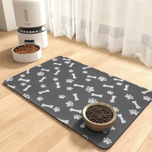 Xisnuient Napfunterlage Hund Hochwertige rutschfest Hundenapf Unterlage Mit Tatzenmuster Saugfähige Schnelltrocknend Futtermatten Für Haustier Futtermatte Kaffeevollautomat Pet Mat (40x60 cm,Grau)